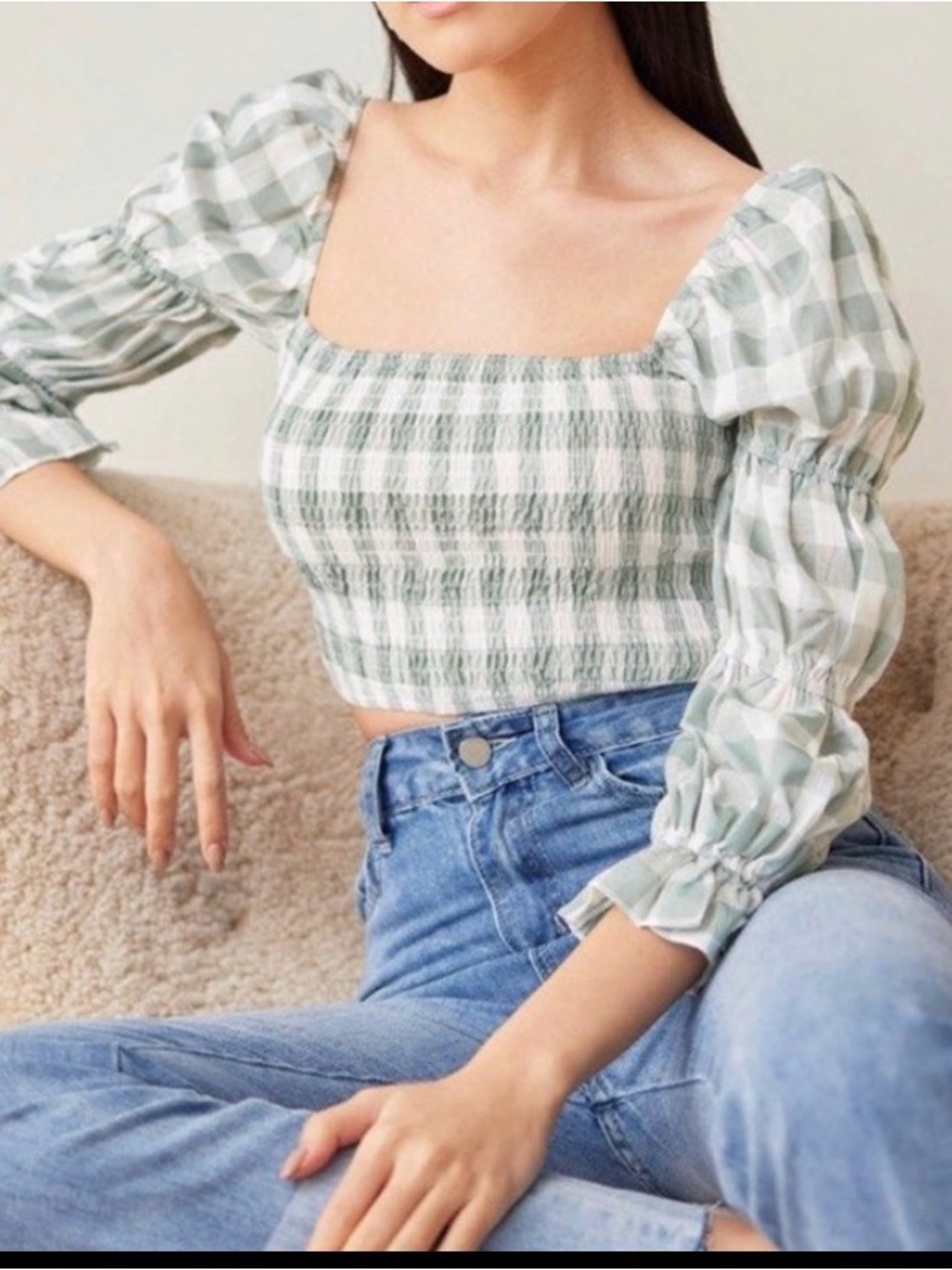 Abercrombie Fitch Plaid Puff Sleeve Crop Top Cotton Blend